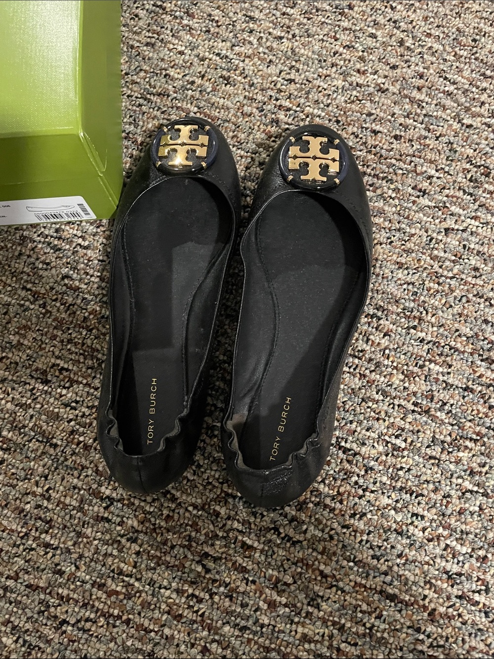 Tory Burch Black Leather Logo Ballet Flats with Gold Emblem